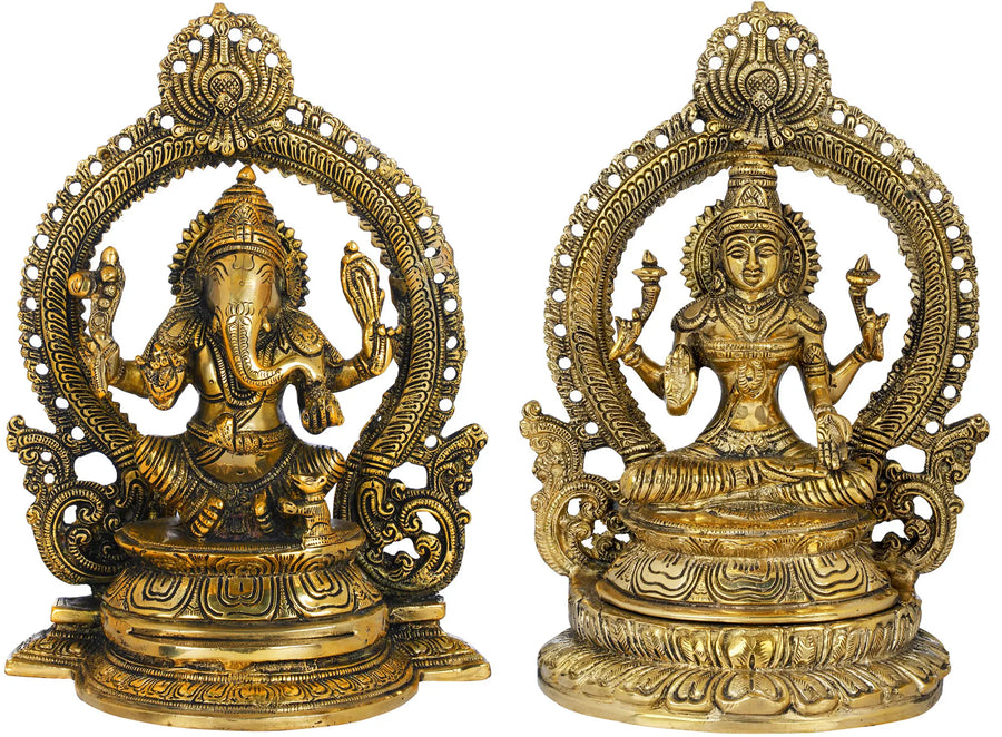 11" Ganesha Lakshmi Brass Statue for Pooja and Home Decor