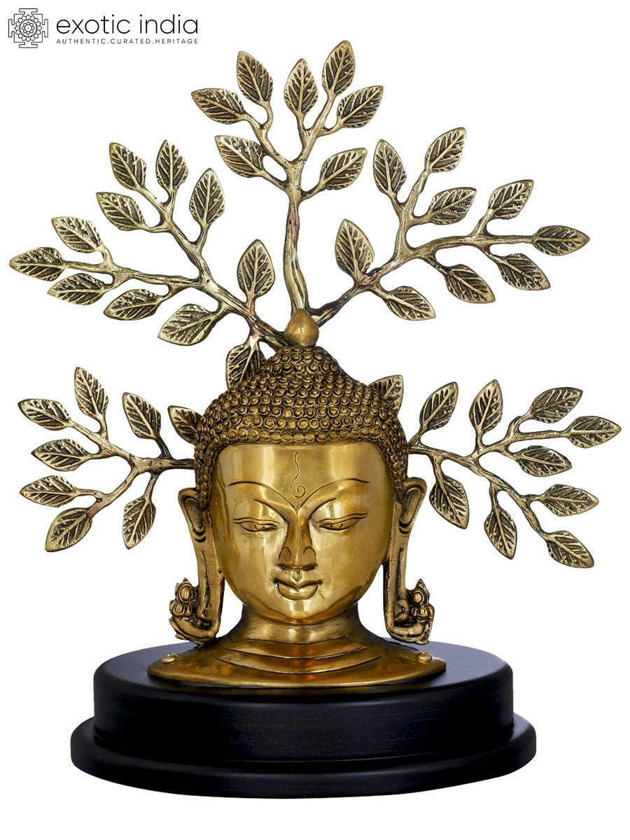 Lord Buddha Wooden Mask with Base and Tree Backdrop Sculpture