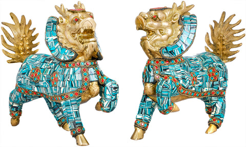 Tibetan Buddhist Pair of Temple Snow Lions