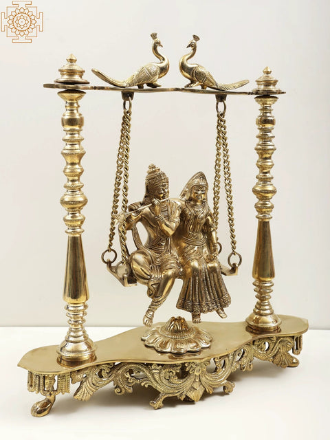 15" Radha Krishna on Peacocks Perched Swing in Brass | Handmade