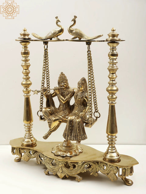 15" Radha Krishna on Peacocks Perched Swing in Brass | Handmade