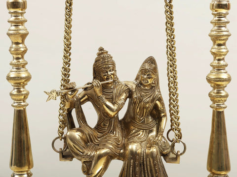 15" Radha Krishna on Peacocks Perched Swing in Brass | Handmade
