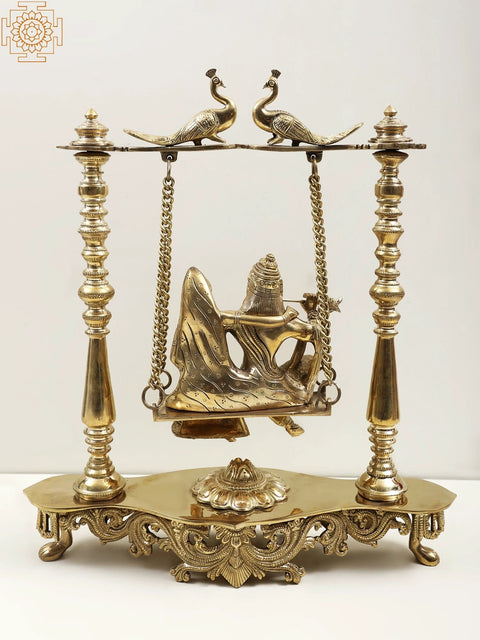 15" Radha Krishna on Peacocks Perched Swing in Brass | Handmade