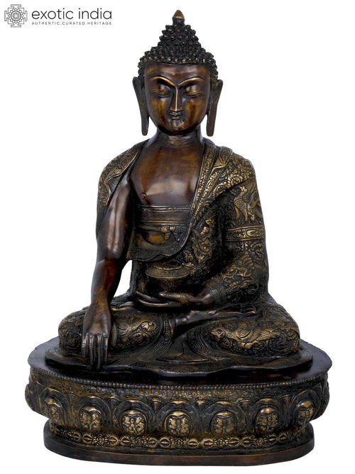 21" Lord Buddha Seated on Lotus Brass Statue Handmade Tibetan Buddhist