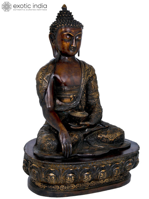 21" Lord Buddha Seated On Lotus Seat Wearing an Extensively Carved Robe - Tibetan Buddhist In Brass | Handmade | Made In India