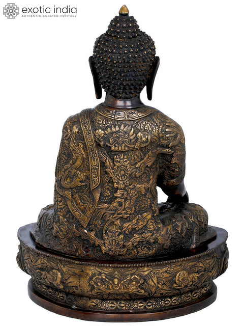21" Lord Buddha Seated On Lotus Seat Wearing an Extensively Carved Robe - Tibetan Buddhist In Brass | Handmade | Made In India