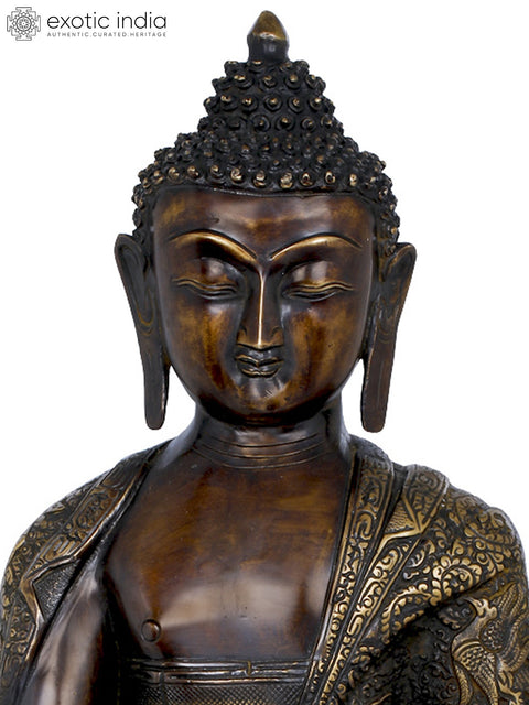 21" Lord Buddha Seated On Lotus Seat Wearing an Extensively Carved Robe - Tibetan Buddhist In Brass | Handmade | Made In India