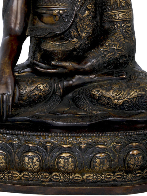 21" Lord Buddha Seated On Lotus Seat Wearing an Extensively Carved Robe - Tibetan Buddhist In Brass | Handmade | Made In India