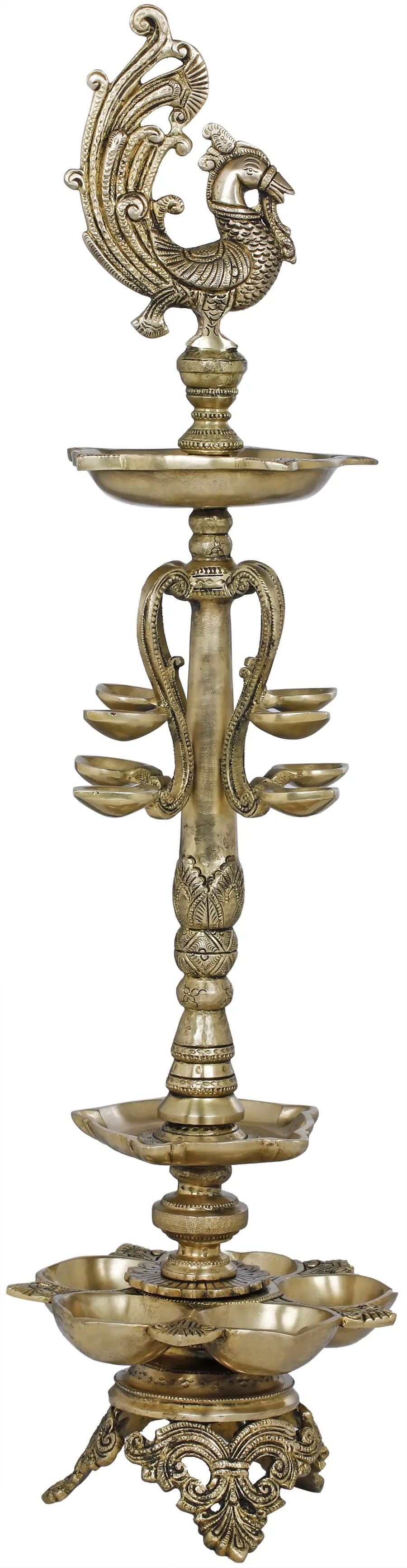 28" Peacock Brass Oil Lamp Multi Wicks Handmade
