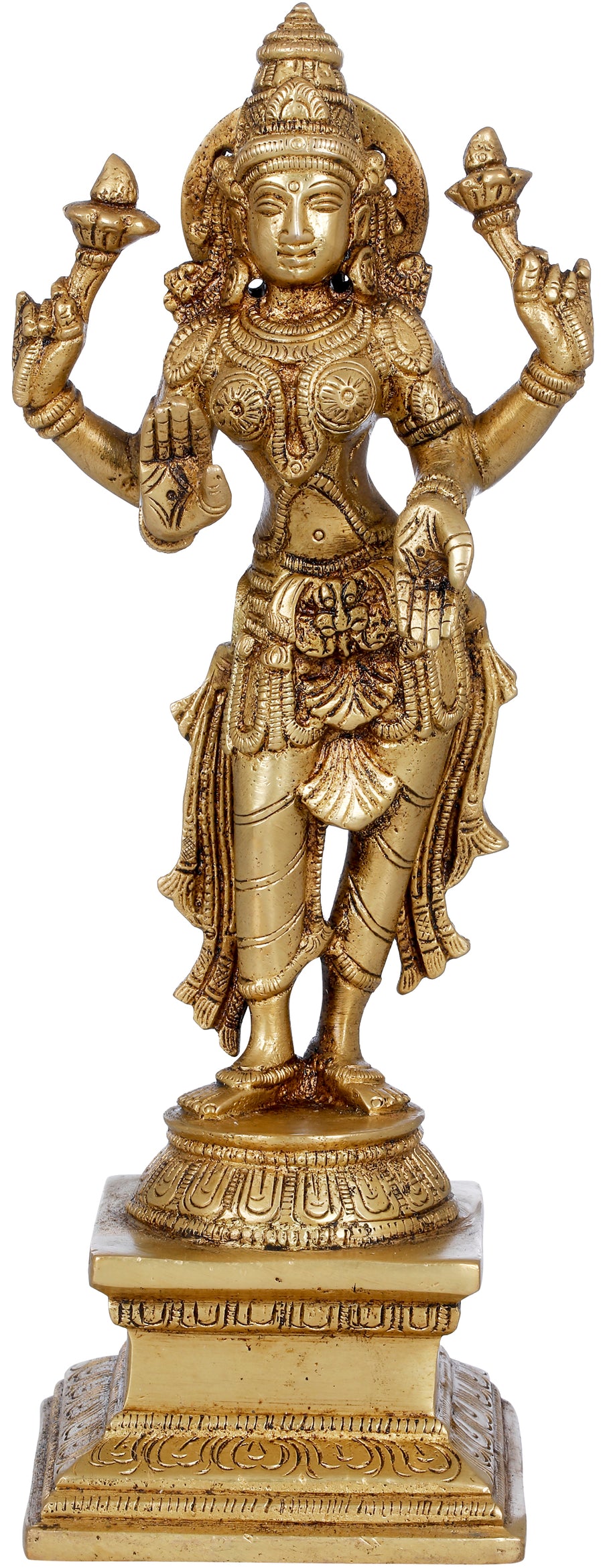 9" Four Armed Goddess Lakshmi Handmade Brass Idol
