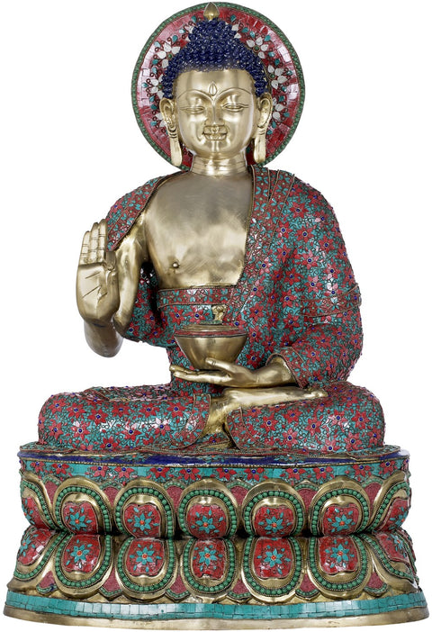 38" Large Inlay Preaching Buddha - Tibetan Buddhist In Brass | Handmade | Made In India