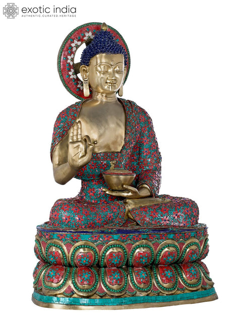 38" Large Inlay Preaching Buddha - Tibetan Buddhist In Brass | Handmade | Made In India