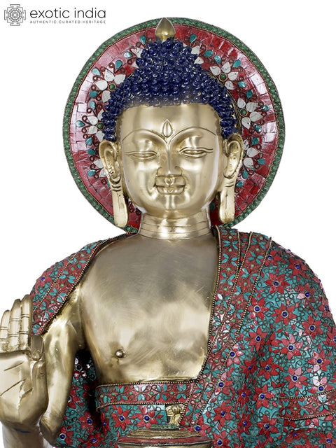 38" Large Inlay Preaching Buddha - Tibetan Buddhist In Brass | Handmade | Made In India