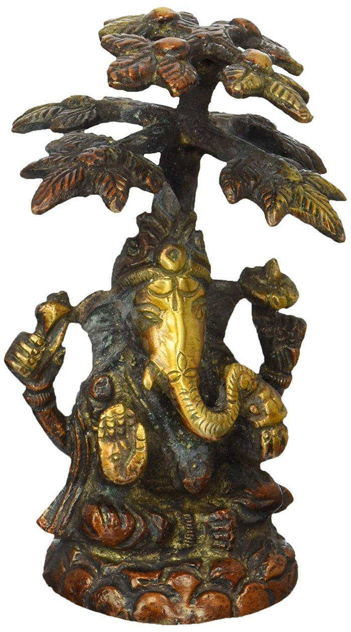 3" Lord Ganesha Seated Under Tree Brass Handmade Idol