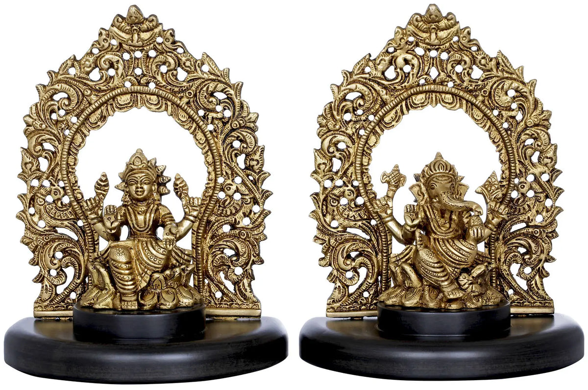 7" Brass Lakshmi Ganesha Statue On Wooden Pedestal with Floral Aureole