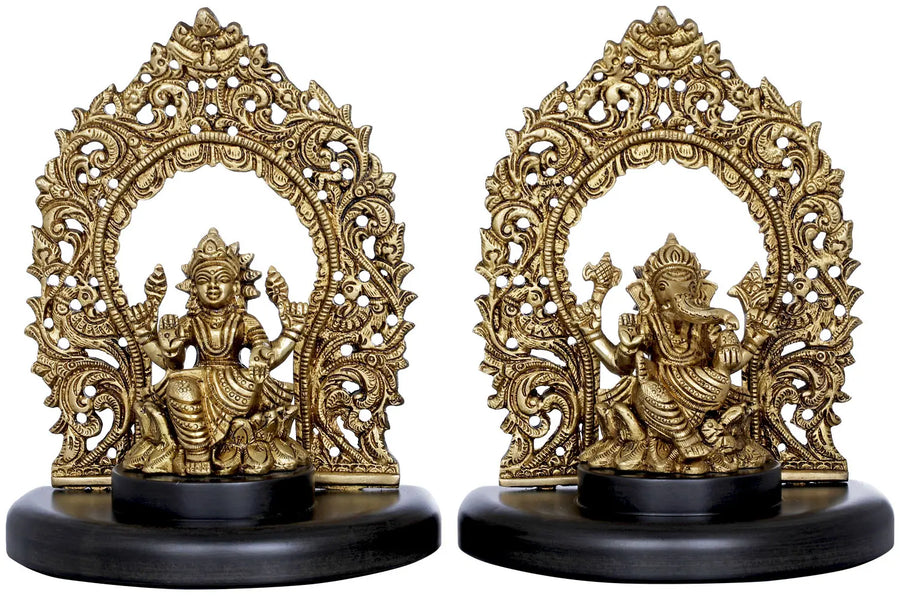 7" Brass Lakshmi Ganesha Statue with Wooden Pedestal and Floral Aureole