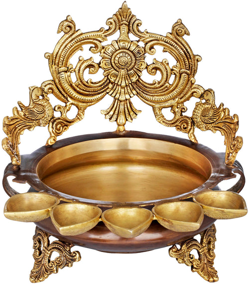 Peacock Brass Urli with Five Attached Diyas for Pooja