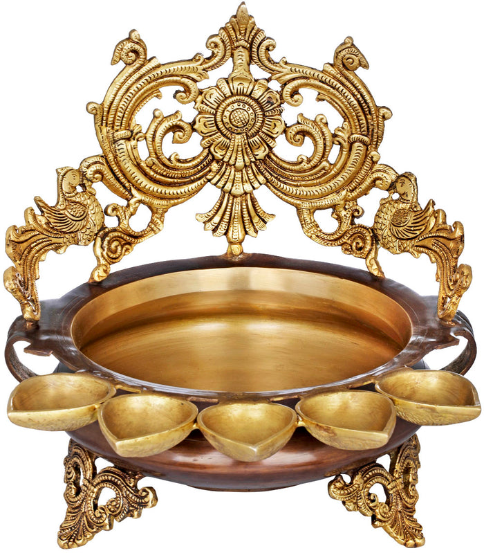 Peacock Brass Urli with Five Attached Diyas for Pooja