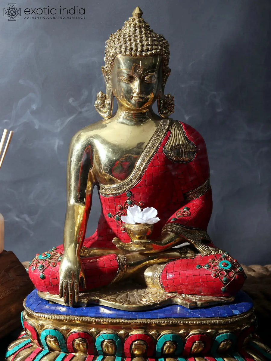 20" Seated Buddha on Double Lotus Brass Statue, Tibetan Buddhist Handmade