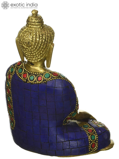 5" Brass Lord Buddha Statue in Bhumisparsha Mudra (Wearing Lapis Hued Robe) | Handmade