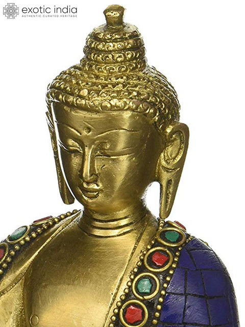 5" Brass Lord Buddha Statue in Bhumisparsha Mudra (Wearing Lapis Hued Robe) | Handmade