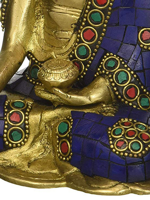 5" Brass Lord Buddha Statue in Bhumisparsha Mudra (Wearing Lapis Hued Robe) | Handmade