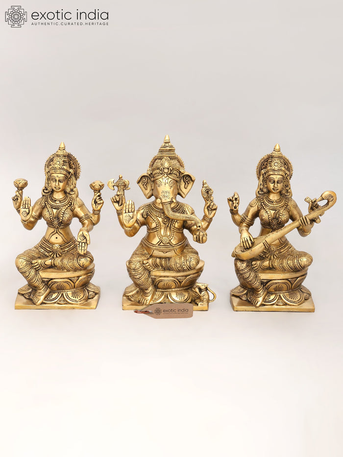 12" Brass Lakshmi Ganesha Saraswati Statue for Pooja