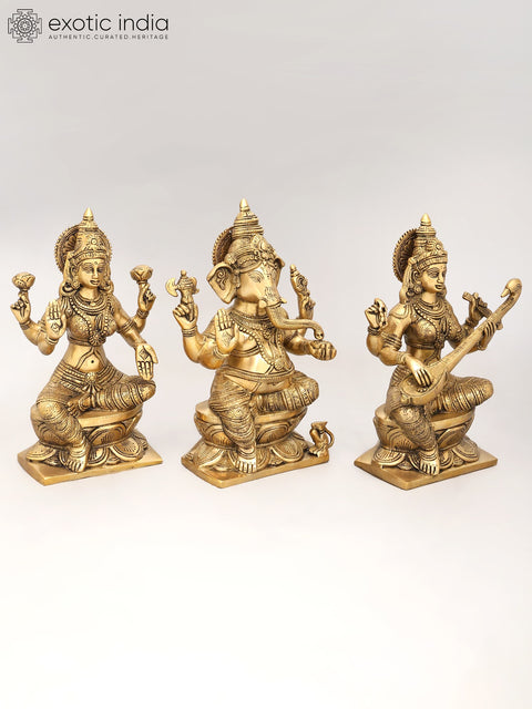 12" Lakshmi Ganesha Saraswati In Brass | Handmade | Made In India