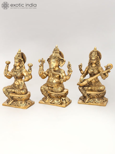 12" Lakshmi Ganesha Saraswati In Brass | Handmade | Made In India