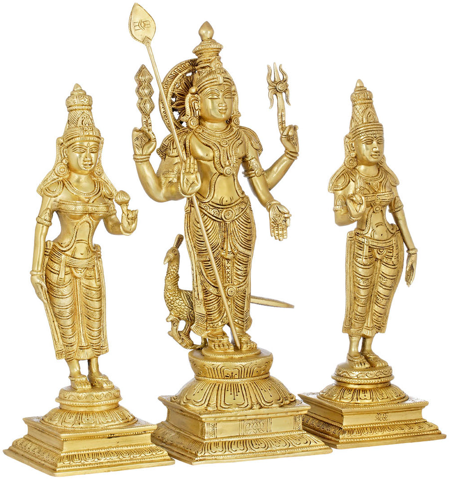 18" Karttikeya with Devasena and Valli Brass Statue Handmade