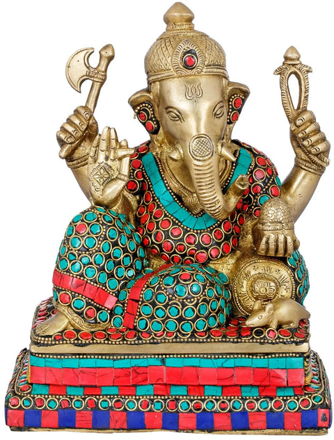 8" Relaxing Ganesha Brass Statue with Inlay Work | Handmade | Made in India