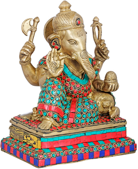 8" Relaxing Ganesha Brass Statue with Inlay Work | Handmade | Made in India