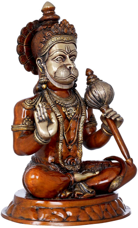 15" Seated Hanuman Holding a Gada (Mace) In Brass | Handmade | Made In India