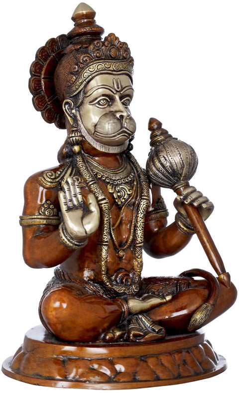 15" Seated Hanuman Holding a Gada (Mace) In Brass | Handmade | Made In India