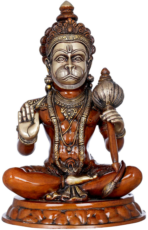 15" Seated Hanuman Holding Gada Brass Statue Handmade