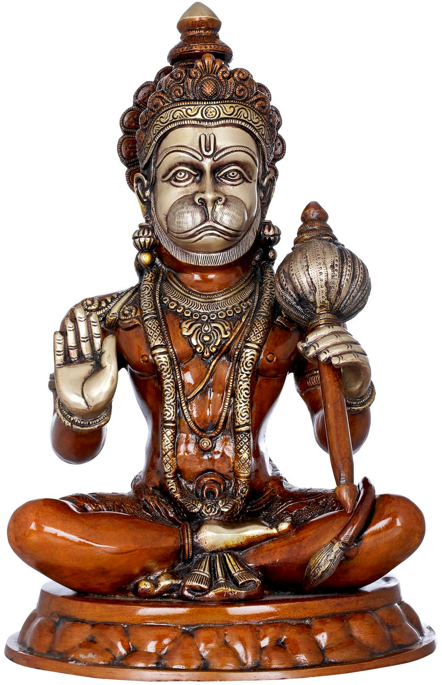 15" Seated Hanuman Holding Gada Brass Statue Handmade