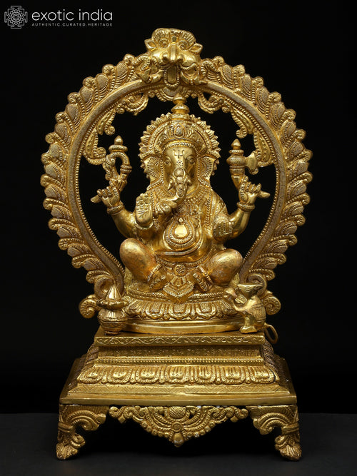 13" Seated Ganesha on Prabhawali Throne Brass Statue Handmade