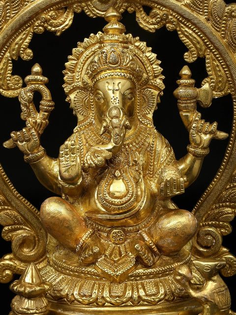13" Seated Ganesha Seated on Prabhawali Throne In Brass | Handmade | Made In India