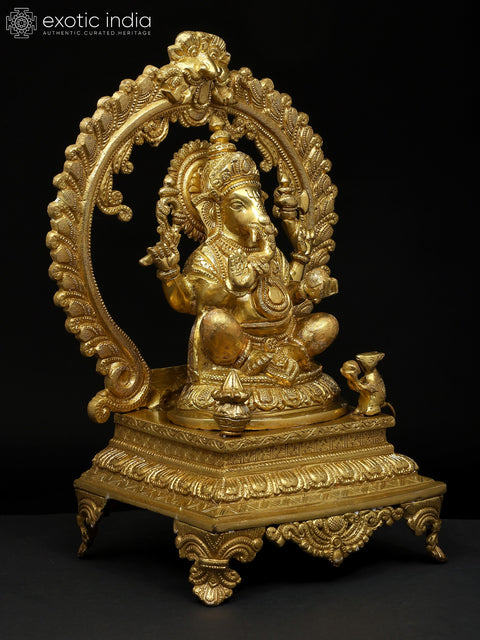 13" Seated Ganesha Seated on Prabhawali Throne In Brass | Handmade | Made In India