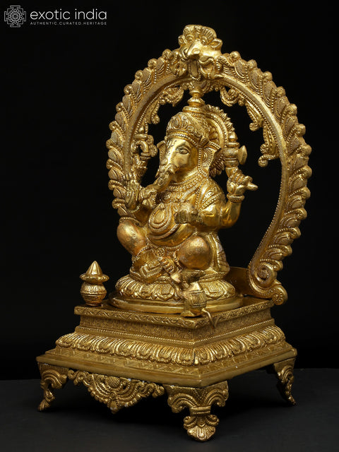 13" Seated Ganesha Seated on Prabhawali Throne In Brass | Handmade | Made In India