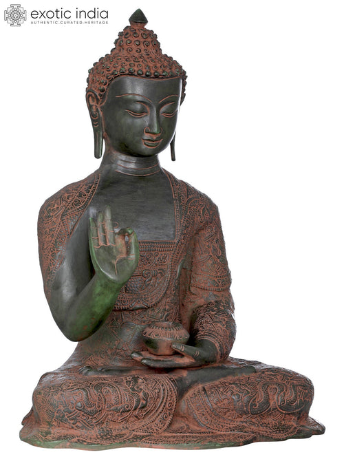 16" Seated Lord Buddha Brass Statue with Carved Robe Symbols