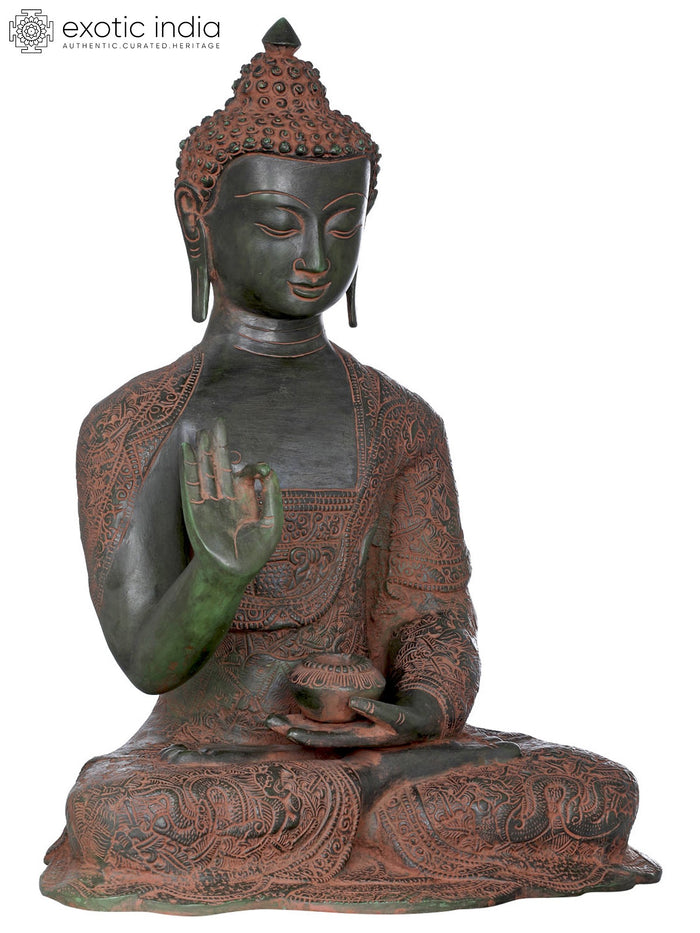 16" Seated Lord Buddha Brass Statue with Carved Robe Symbols