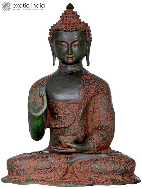 16" Seated Lord Buddha, His Robe is Fully Carved With Symbols and Figures (Tibetan Buddhist) In Brass | Handmade | Made In India