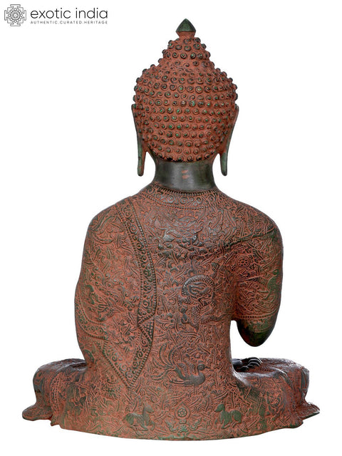 16" Seated Lord Buddha, His Robe is Fully Carved With Symbols and Figures (Tibetan Buddhist) In Brass | Handmade | Made In India