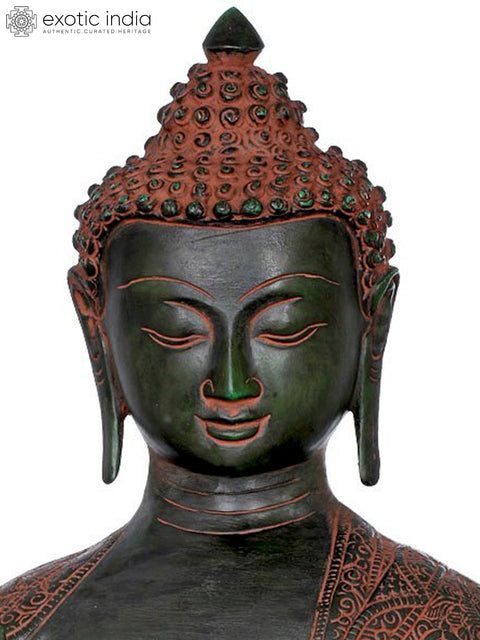 16" Seated Lord Buddha, His Robe is Fully Carved With Symbols and Figures (Tibetan Buddhist) In Brass | Handmade | Made In India
