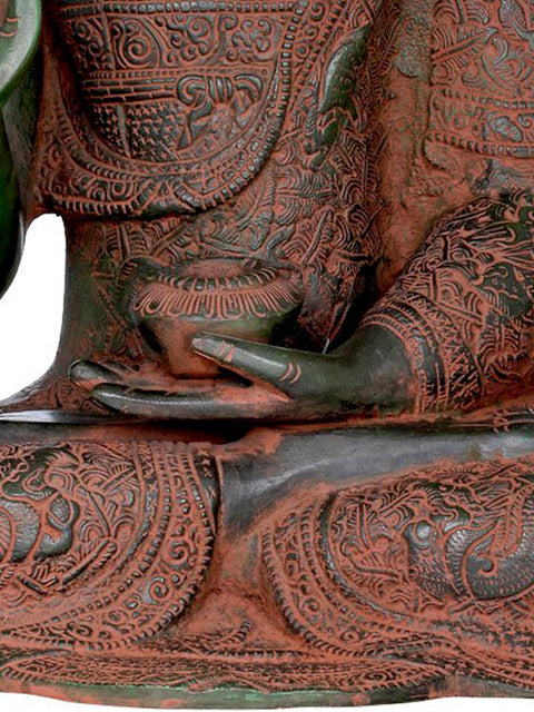 16" Seated Lord Buddha, His Robe is Fully Carved With Symbols and Figures (Tibetan Buddhist) In Brass | Handmade | Made In India