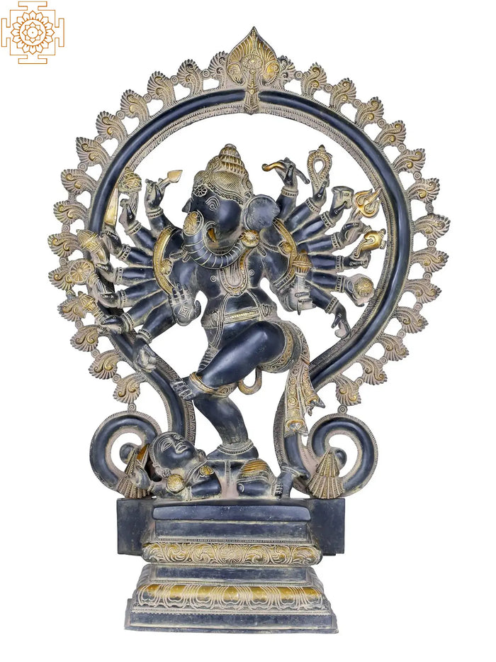 25" Sixteen Armed Dancing Ganesha Nataraja Brass Statue