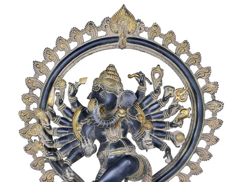 25" Sixteen Armed Dancing Ganesha Represented as Nataraja In Brass