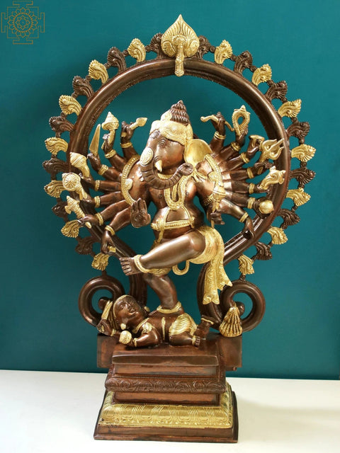 25" Sixteen Armed Dancing Ganesha Represented as Nataraja In Brass