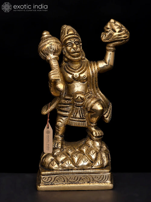 4" Brass Hanuman Statue Lifting Sanjeevani Mountain Handmade